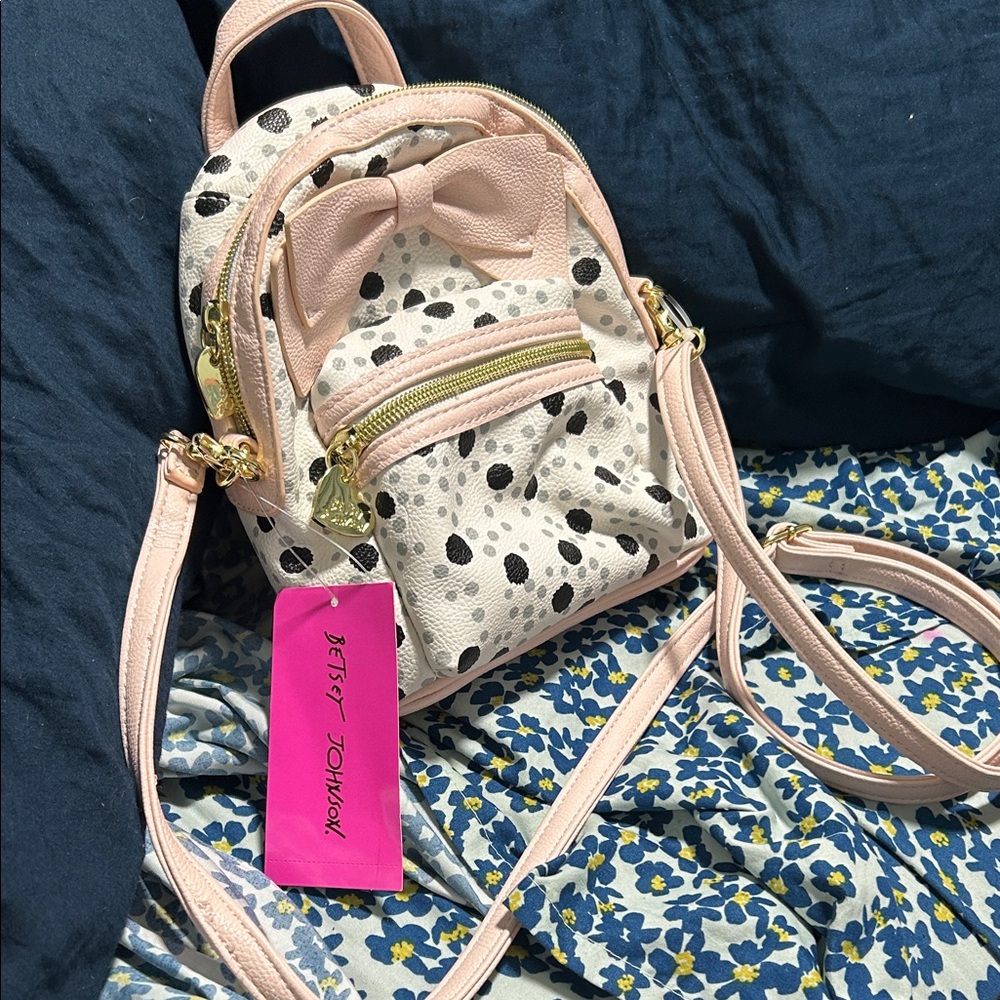 Betsey Johnson Cream Spot Print Mini Backpack with Pale Pink Bow